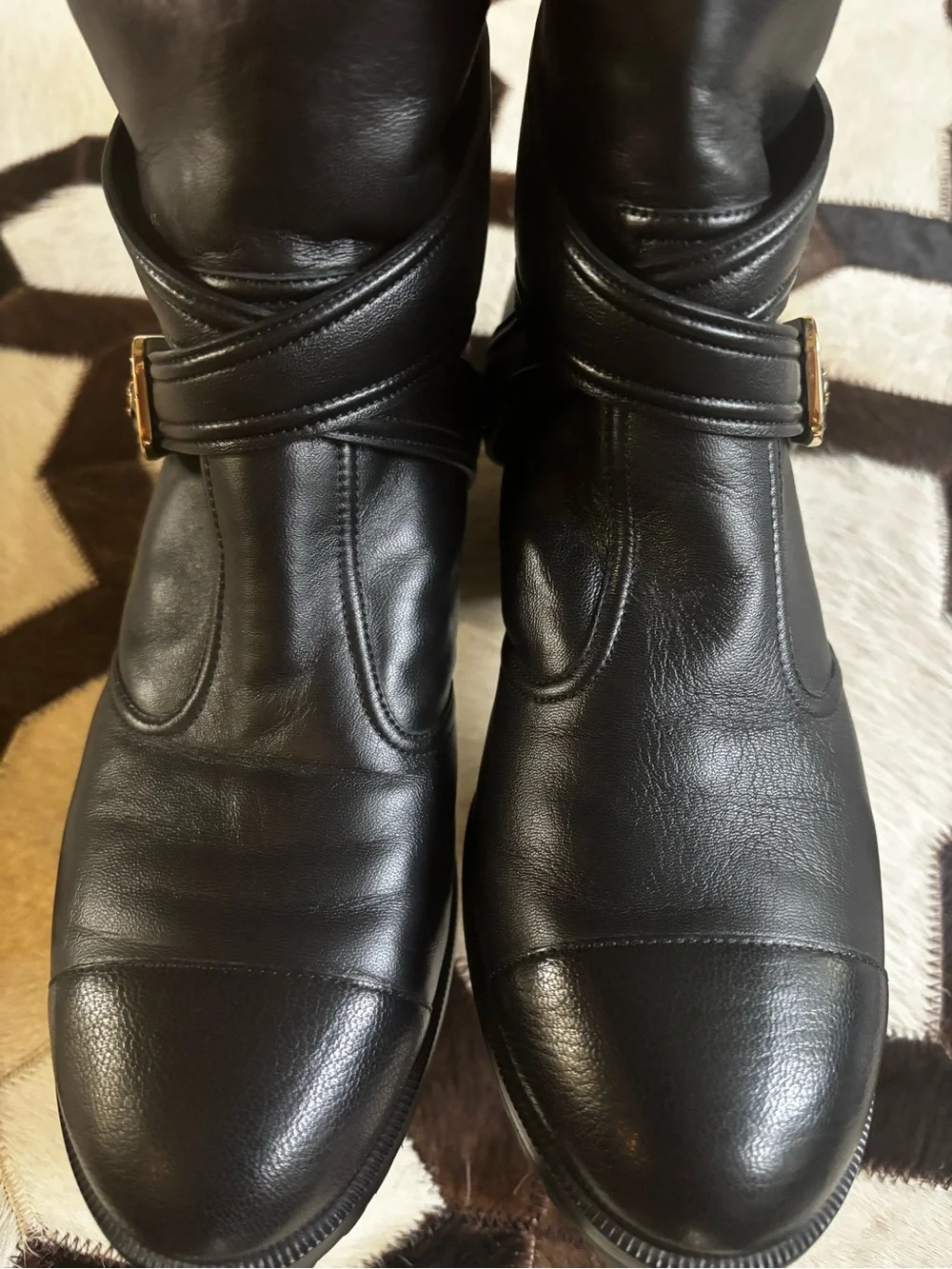 CHANEL Black Leather Low-Calf Buckle Heeled Boots